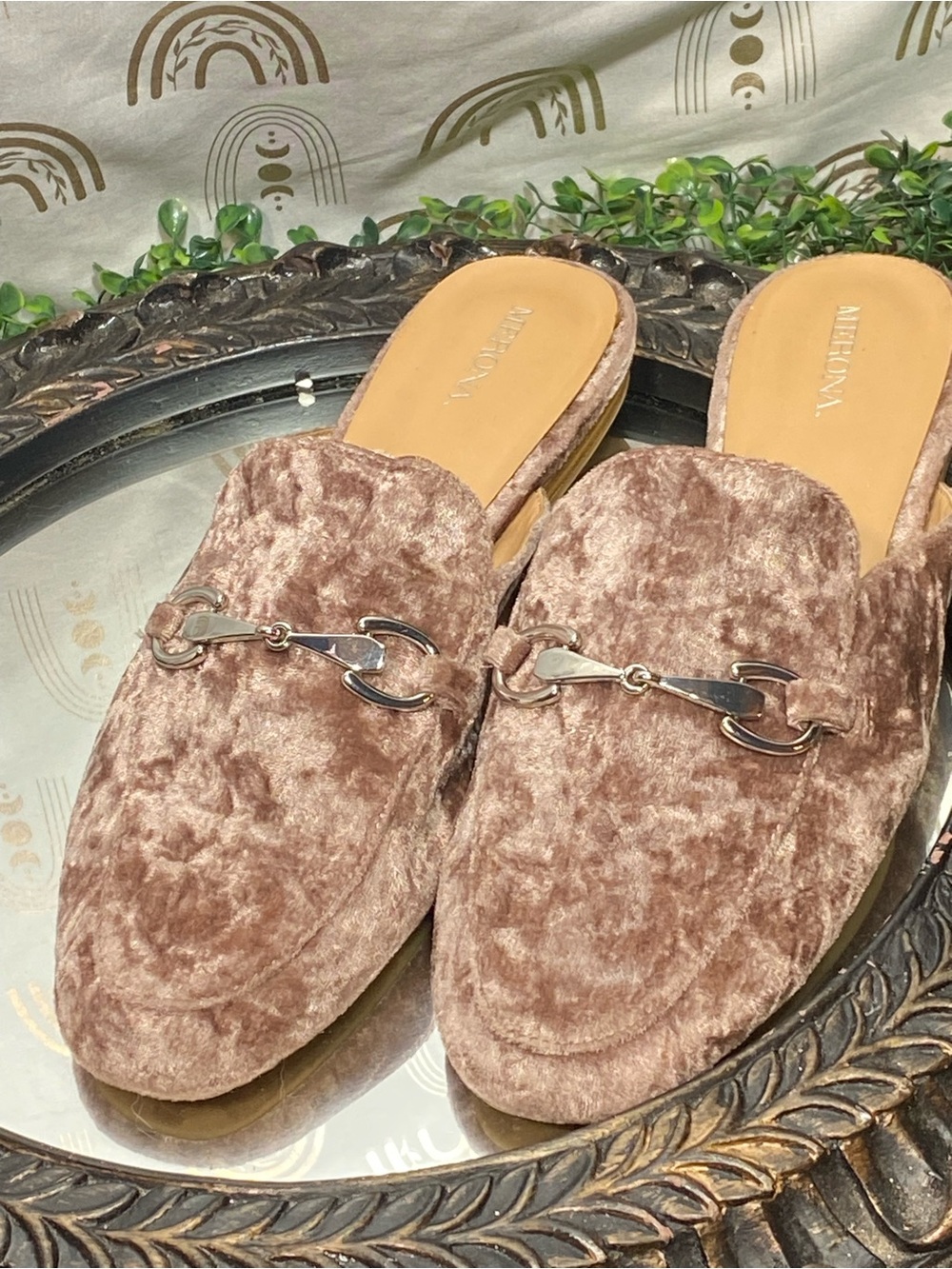 Merona Mauve Brown Velvet Backless Mules with Silver Horsebit